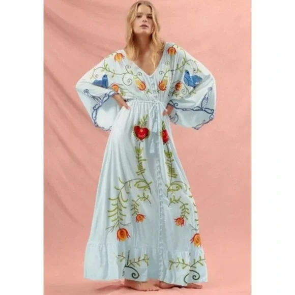 Jastie 2022 Floral Embroidered Maxi V-Neck L/S Tassel Boho Dress Women's Size S - Picture 1 of 10